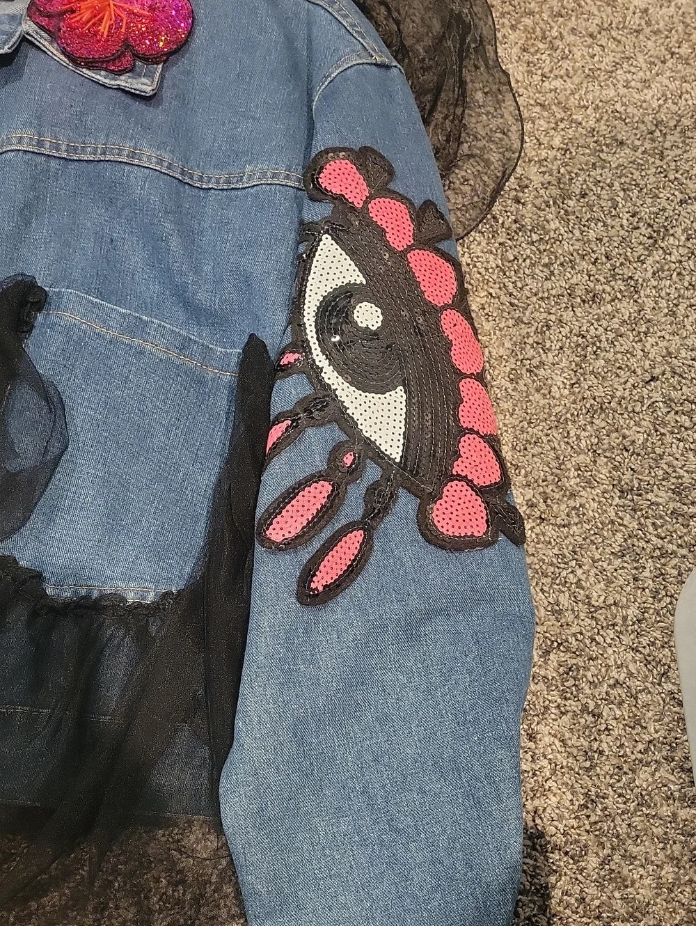 AKIRA Blue Denim Jacket with Pink Sequin Floral Appliqués and Black Tulle
